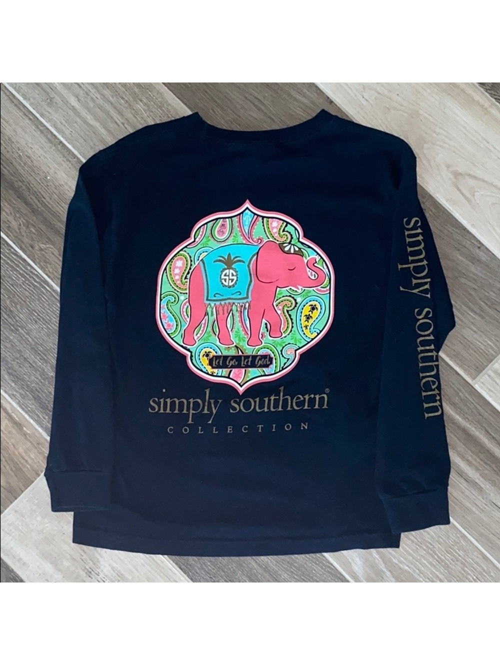 Simply Southern Girls' Long Sleeve T-Shirt Navy Blue Elephant Graphic L EUC